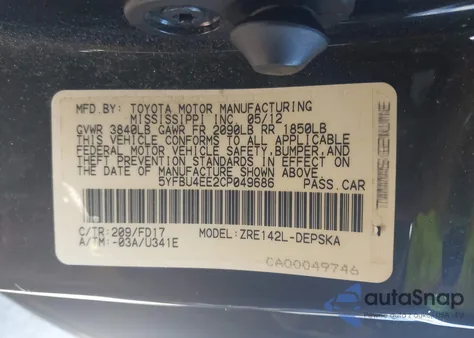 2012 Toyota Corolla S from USA, damaged, VIN 5YFBU4EE2CP049686